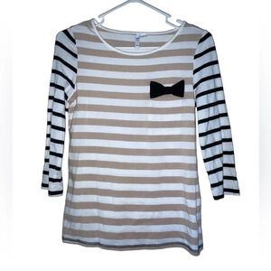 ELLE Striped 3/4 Sleeve Bow Pocket Top Tan Black White Women’s Size XS